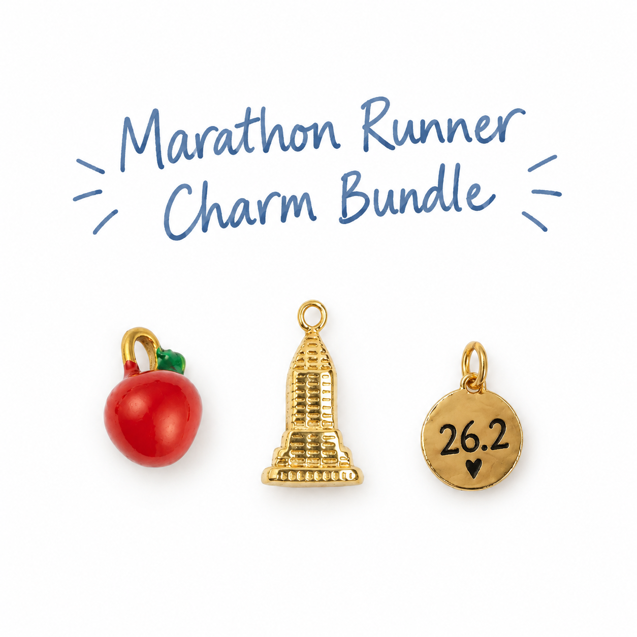 NYC runners charm bundle: 26.2 marathon, Empire State Building and red apple charms in 18K gold plated – Gabriela Ceballos