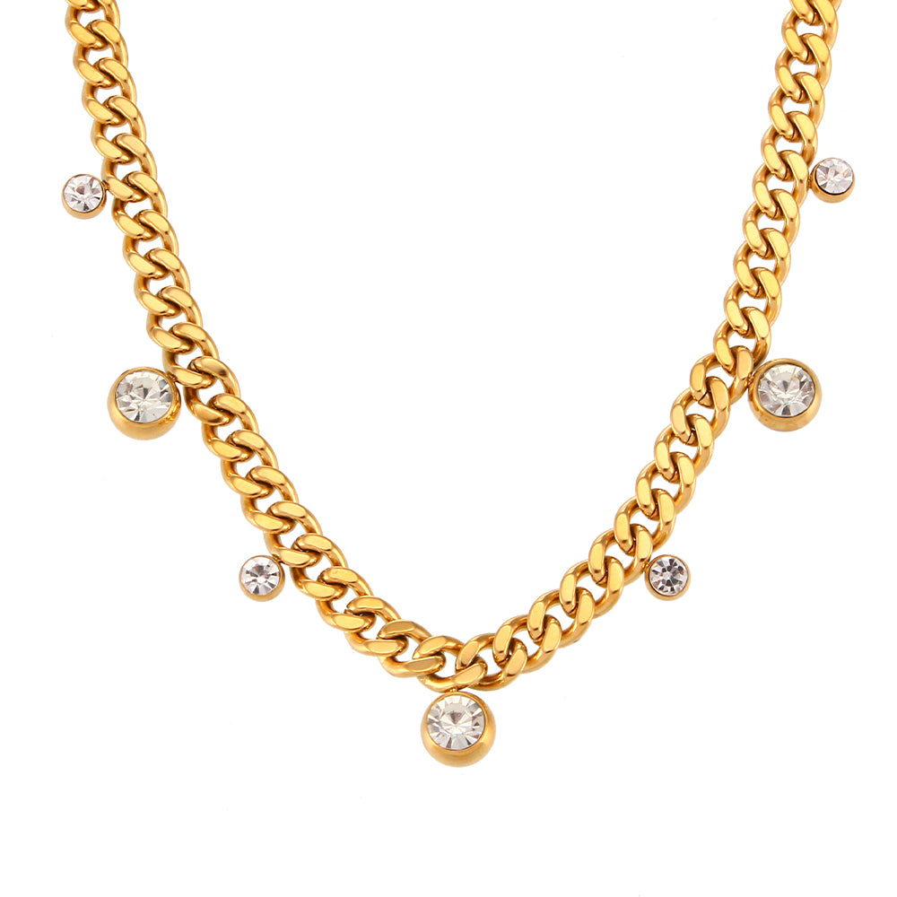 Val Shining Zircon Set Necklace - Gold Plated Stainless Steel Jewelry - Cubic Zirconia Chain Set