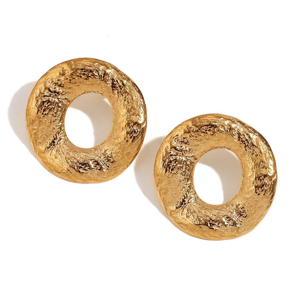 Dina Stud Hammered 18K Gold Plated Earrings - Earring Jewelry Stainless Steel - Donut Design Earring