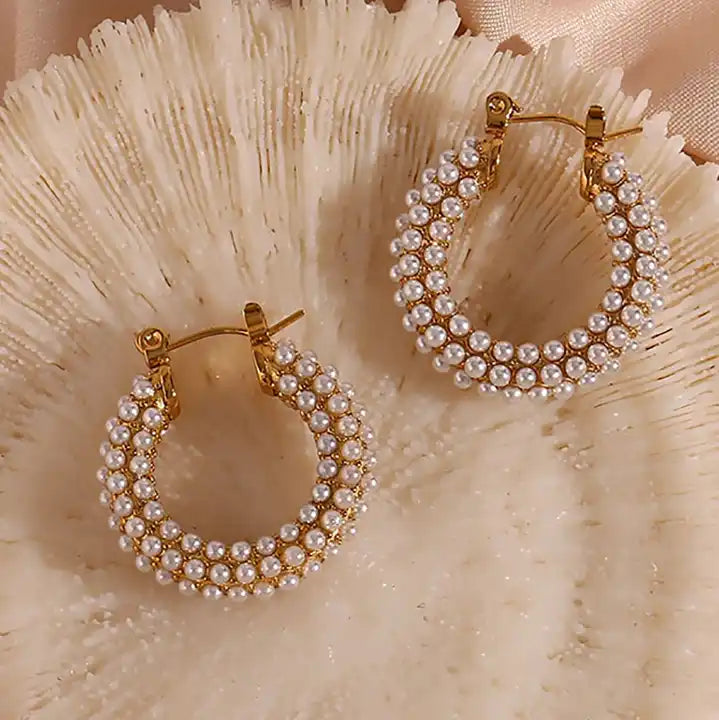 Cecilia Pearl Hoop Earring - 18K Gold Plated Stainless Steel Hoop Earring Jewelry