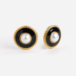 Gold pearl and black enamel stud earrings
