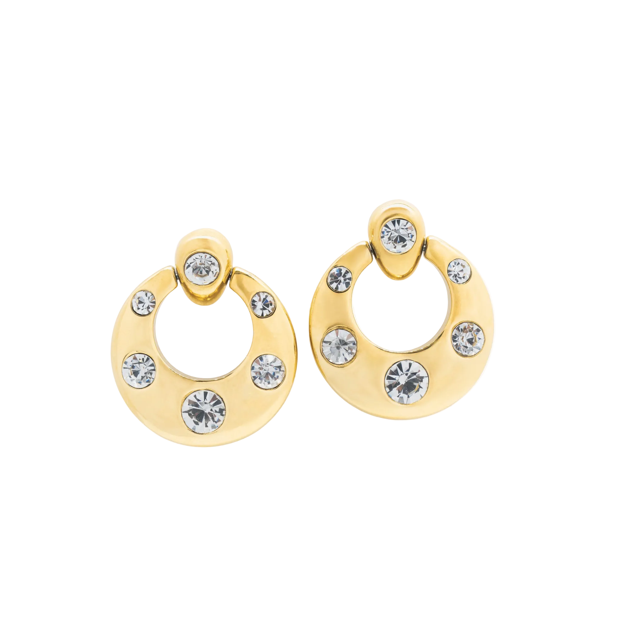 Polished Gold Disc Hoop Earrings with Crystal Accents
