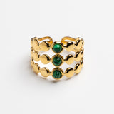 Triple-Row Emerald Crystal Disc Gold Statement Ring