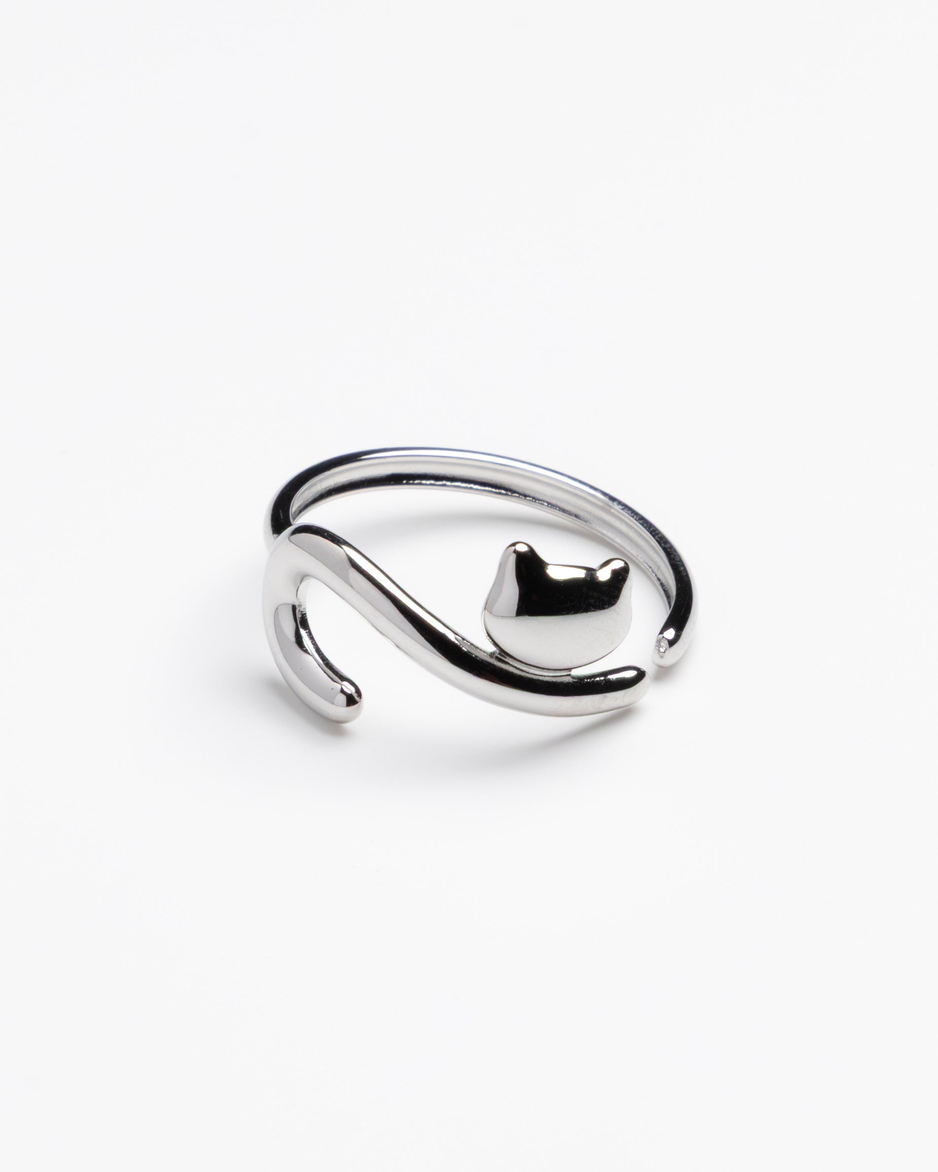 Dainty Cat Silhouette Adjustable Silver Ring