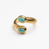 Turquoise Double Cabochon Ribbed Gold Wrap Ring