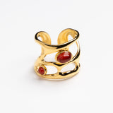 Organic Openwork Gold Ring with Red Cabochons
