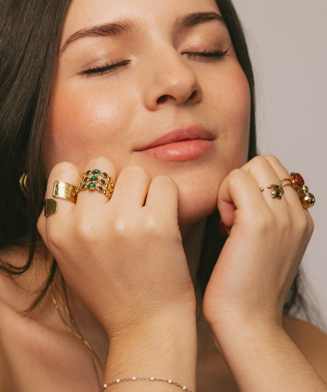 Triple-Row Emerald Crystal Disc Gold Statement Ring