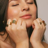Triple-Row Emerald Crystal Disc Gold Statement Ring