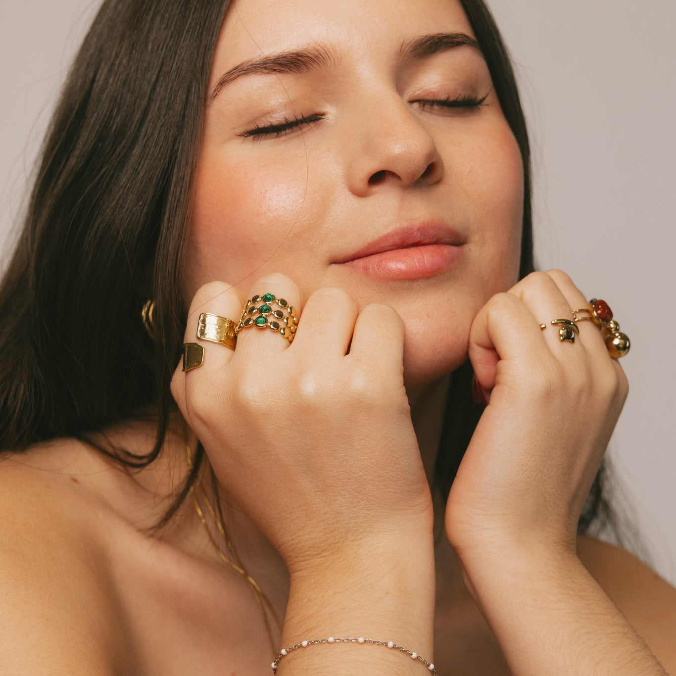 Triple-Row Emerald Crystal Disc Gold Statement Ring