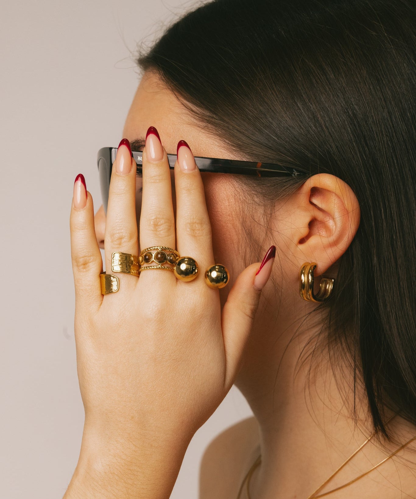 Triple-Row Twisted Gold Open Ring with Tiger's Eye Stones