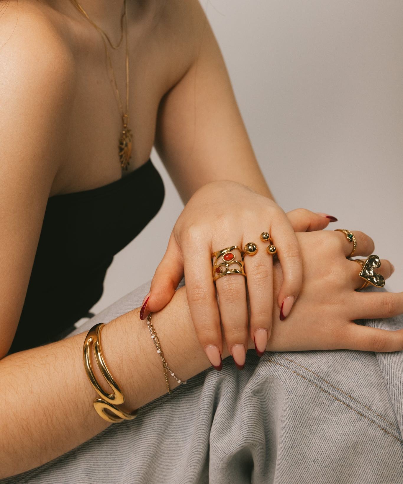 Organic Openwork Gold Ring with Red Cabochons