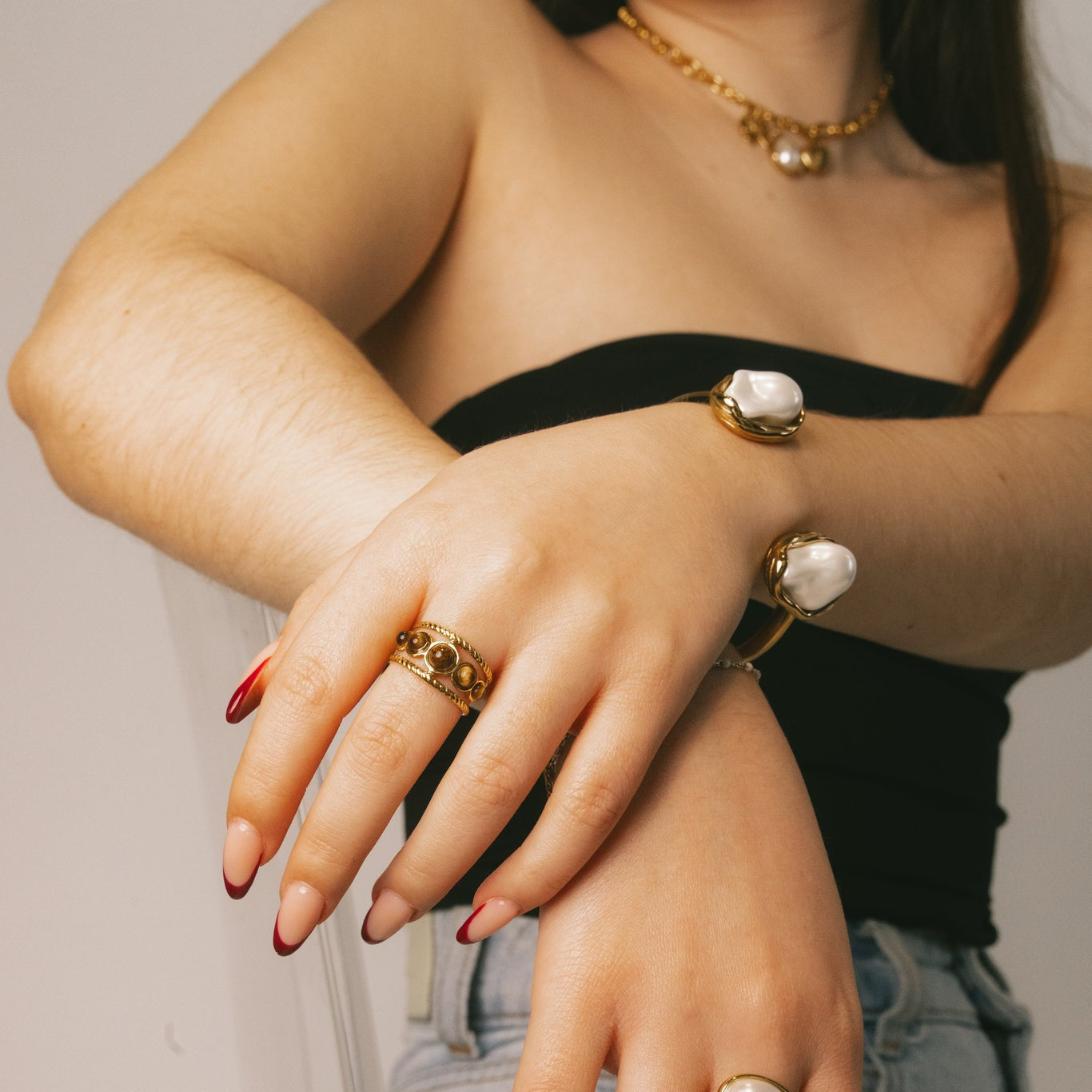 Dual Baroque Pearl Gold Open Cuff Bracelet