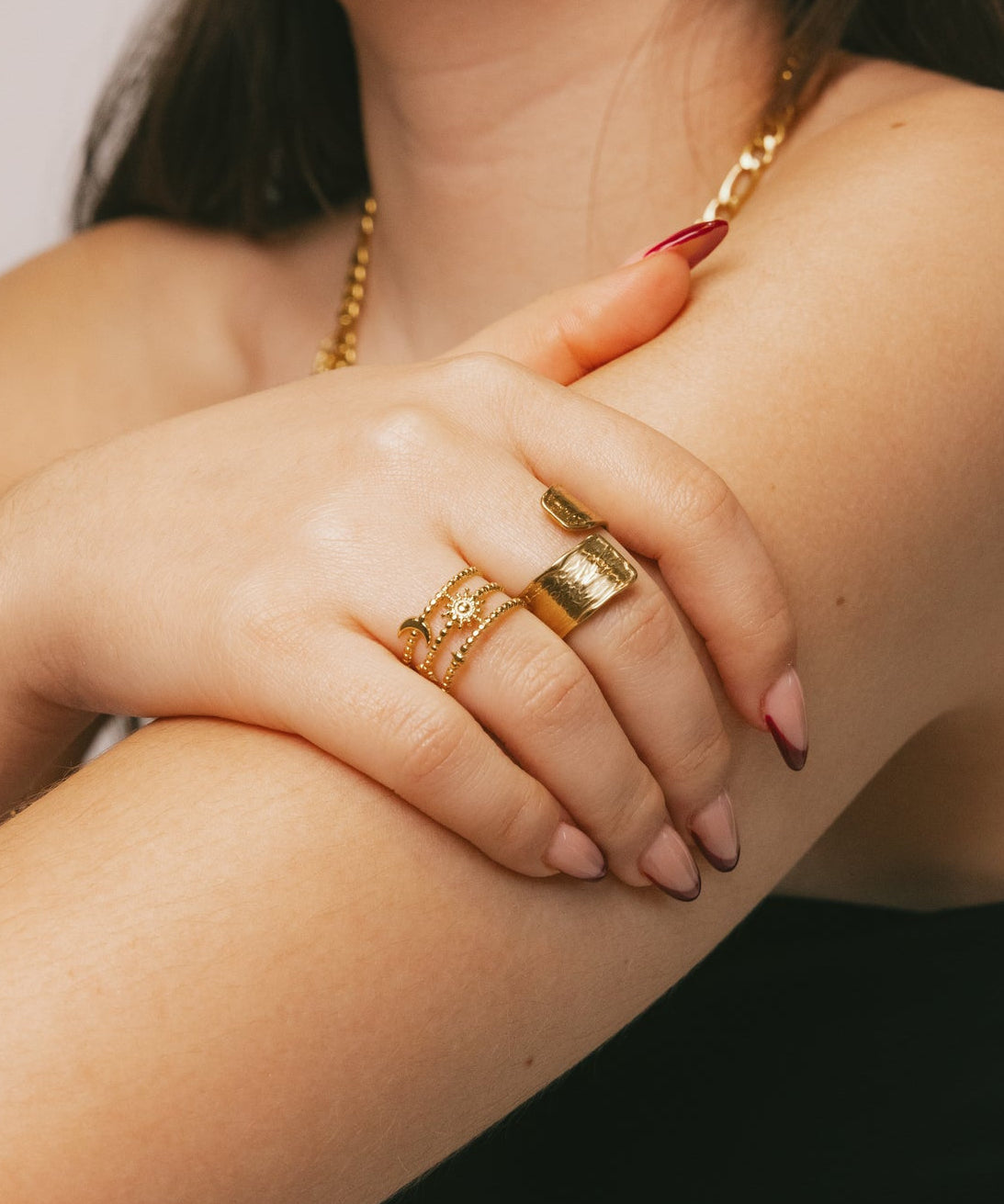 Triple-Row Celestial Beaded Gold Open Ring