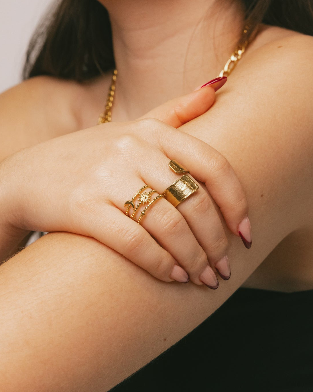 Triple-Row Celestial Beaded Gold Open Ring