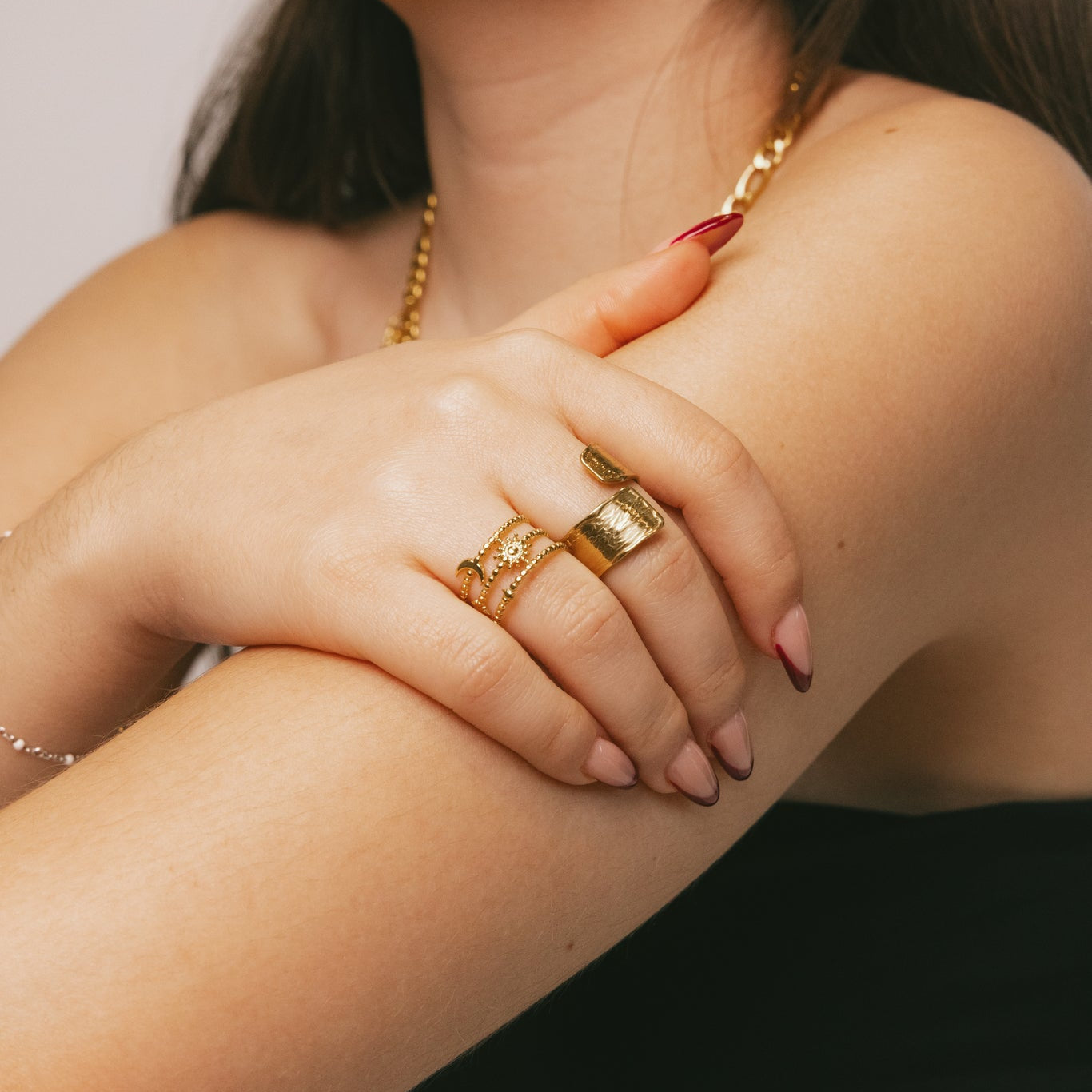 Triple-Row Celestial Beaded Gold Open Ring