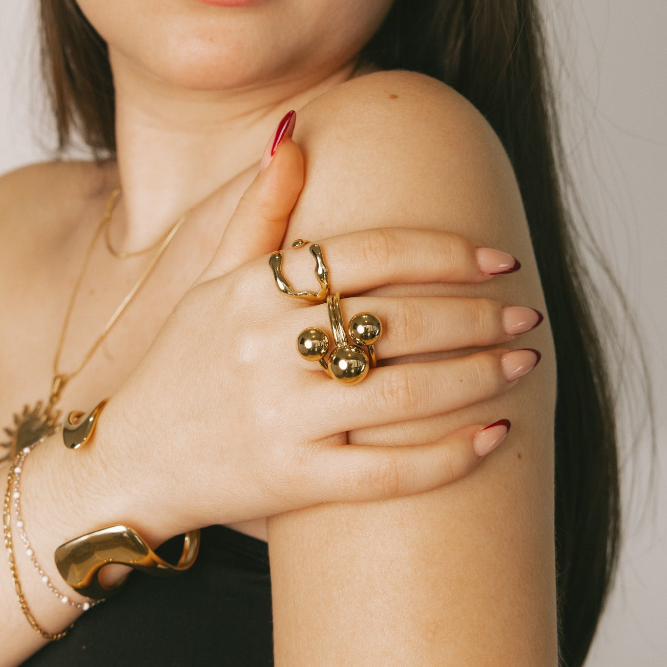 Triple Polished Sphere Gold Bypass Wrap Ring