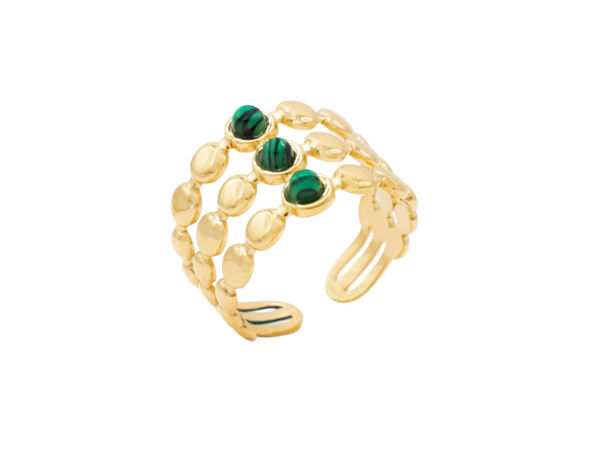 Triple-Row Emerald Crystal Disc Gold Statement Ring