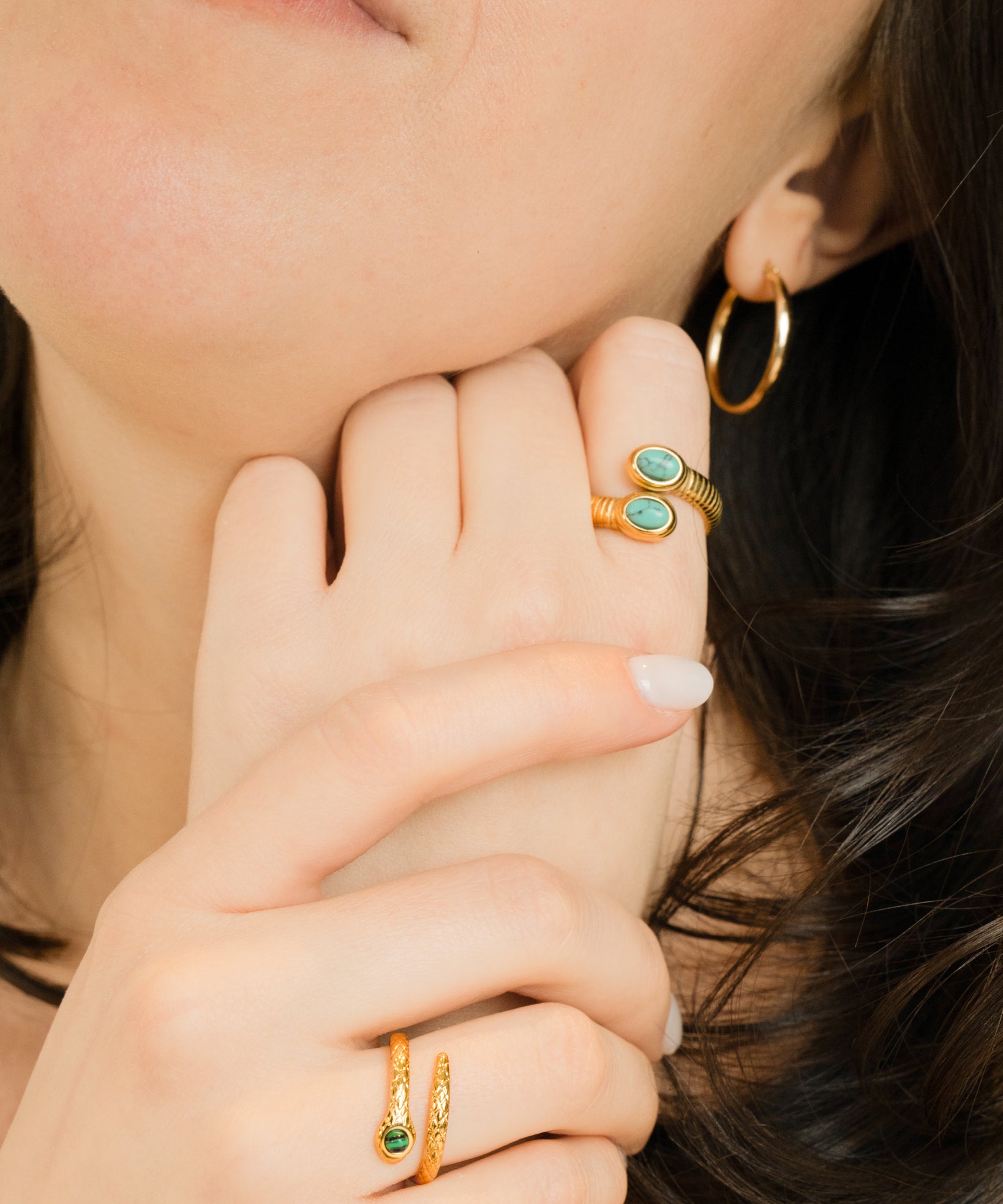 Turquoise Double Cabochon Ribbed Gold Wrap Ring