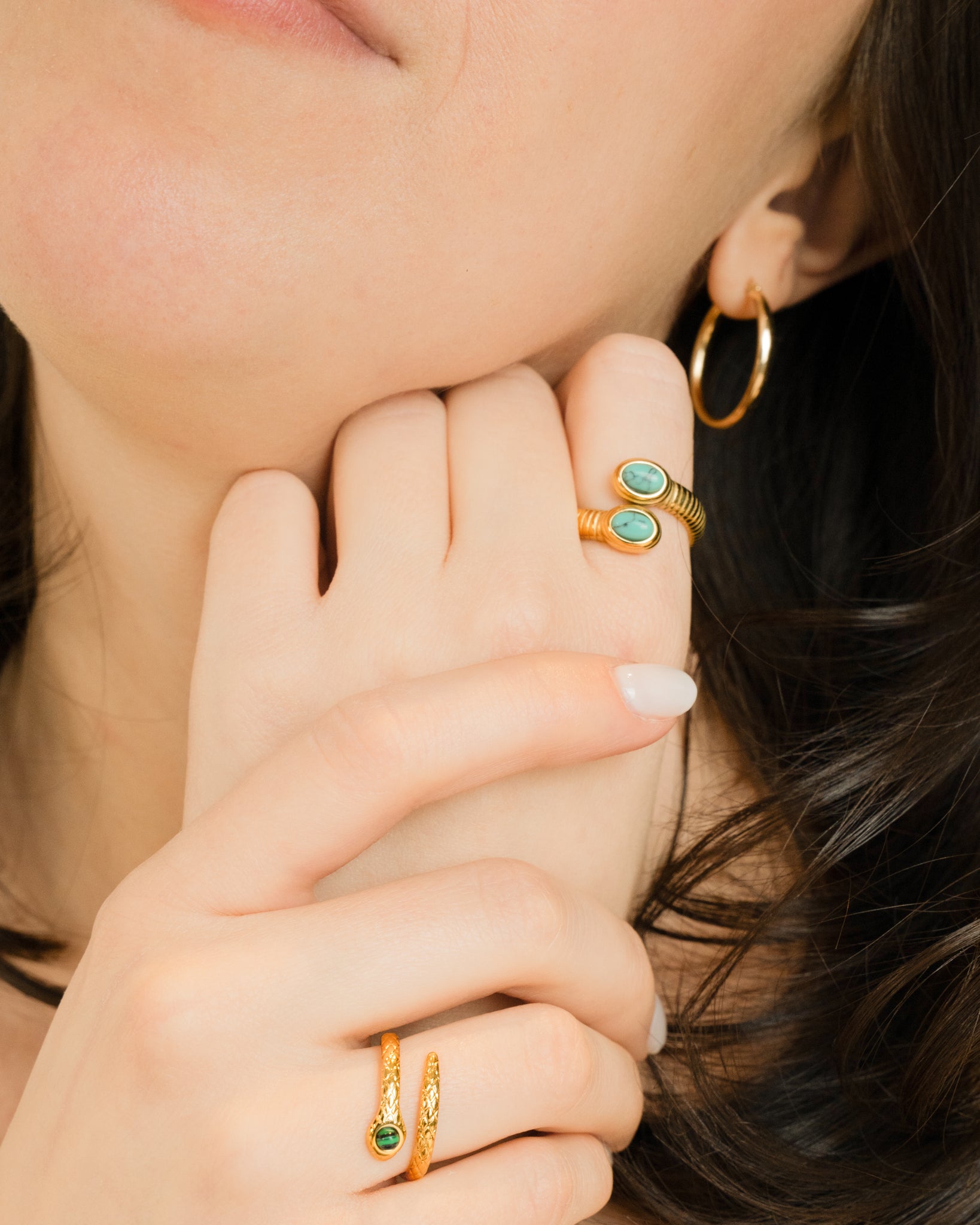 Turquoise Double Cabochon Ribbed Gold Wrap Ring