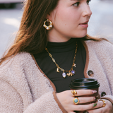 Polished Gold Disc Hoop Earrings with Crystal Accents