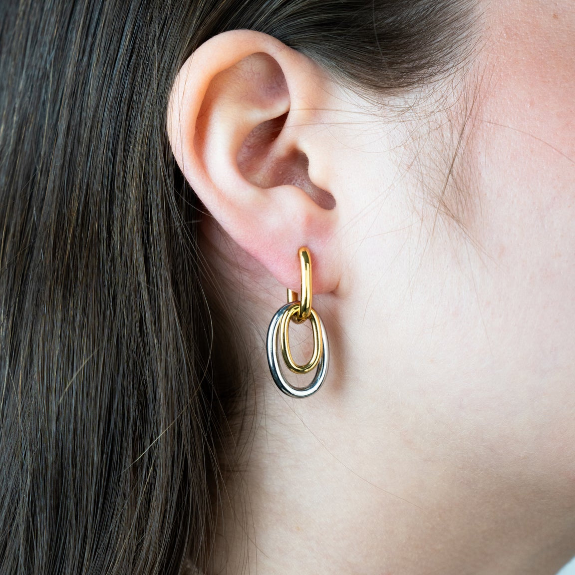 Two-Tone Interlocking Oval Hoop Drop Earrings