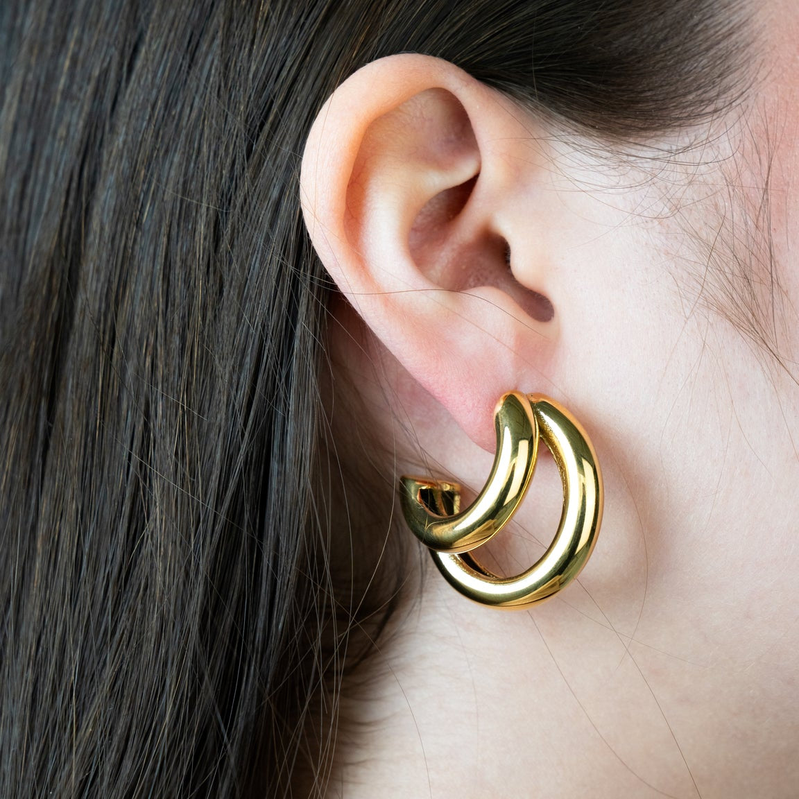 Chunky Double-Tube Polished Gold C-Hoop Earrings