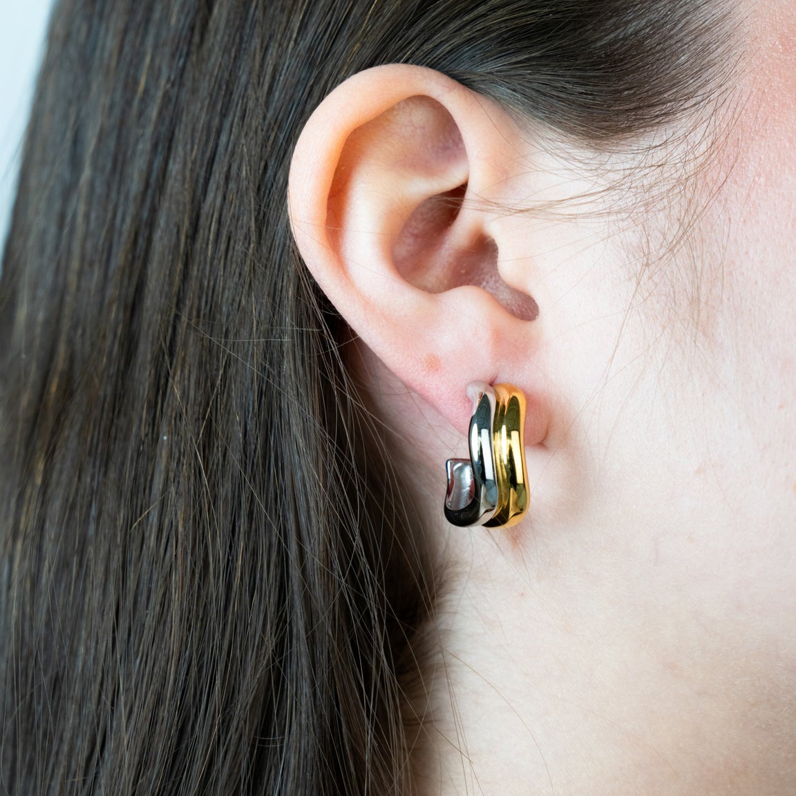 Two-Tone Double-Band Polished C-Hoop Earrings