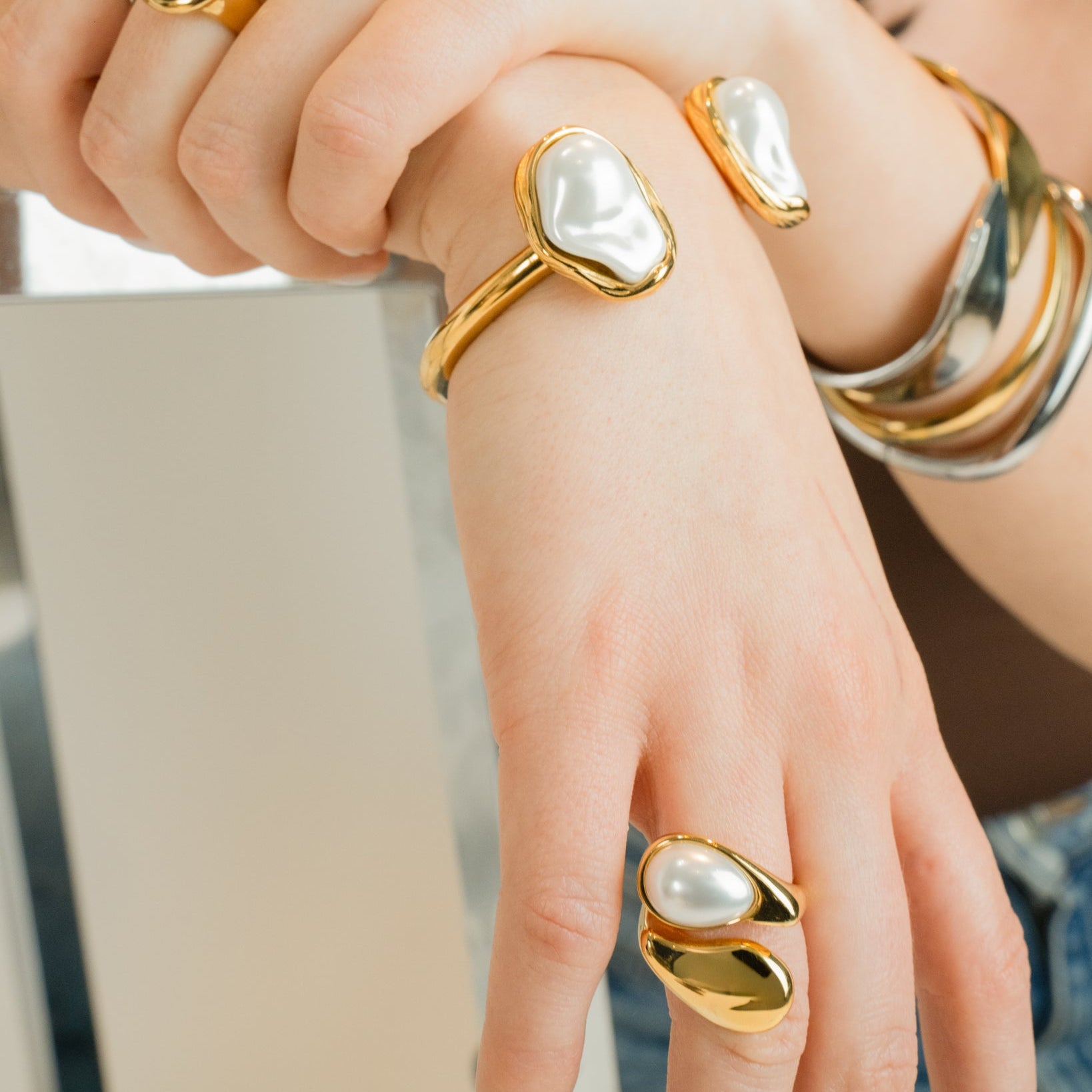 Pearl Teardrop Bypass Wrap Ring