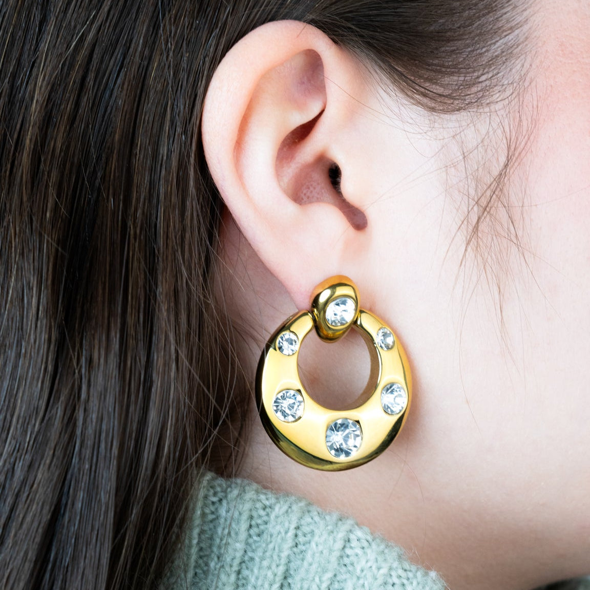 Polished Gold Disc Hoop Earrings with Crystal Accents