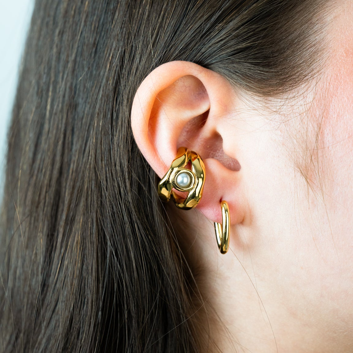 Chunky Gold Open Hoop Earrings with Pearl Center