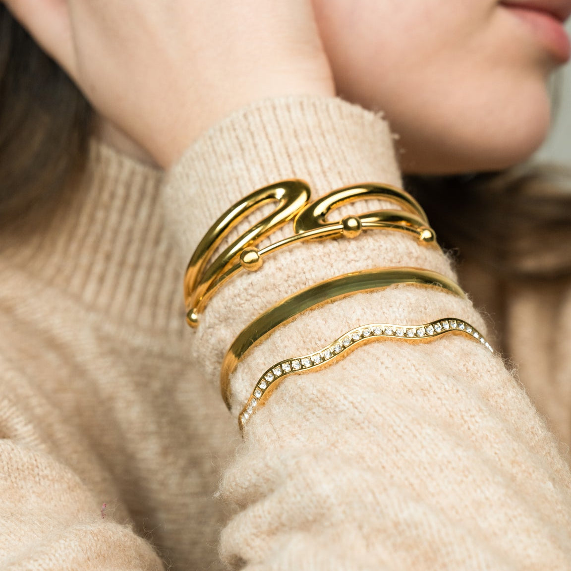 Wavy Gold Bangle with Crystal Accents