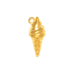A small gold-colored ice cream cone charm or pendant with a textured waffle cone body and a swirled soft-serve top, shown on a plain white background.