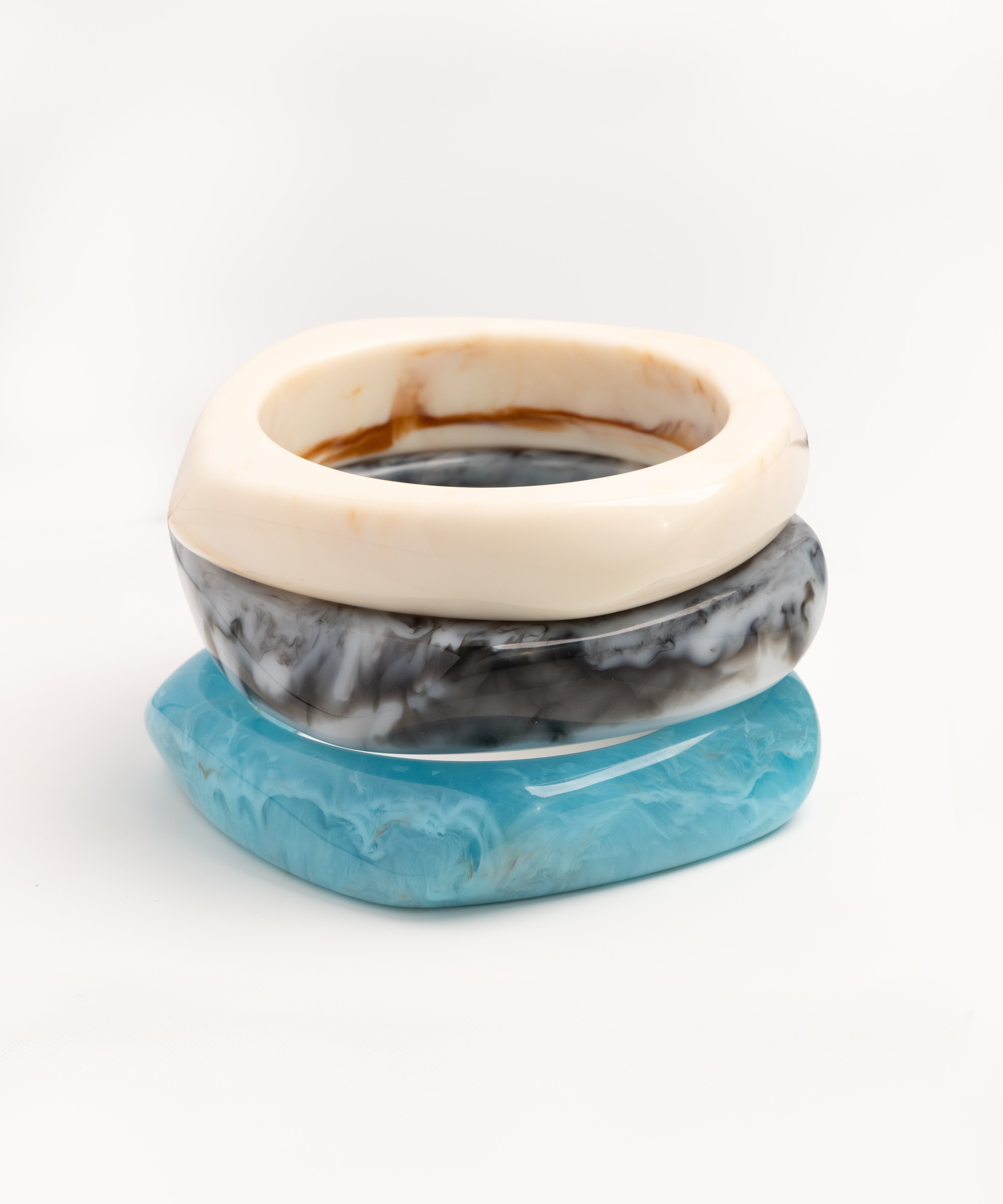 Ivory & Turquoise Marble Wave Bangle Trio - set of 3 stacking bangles, product photo