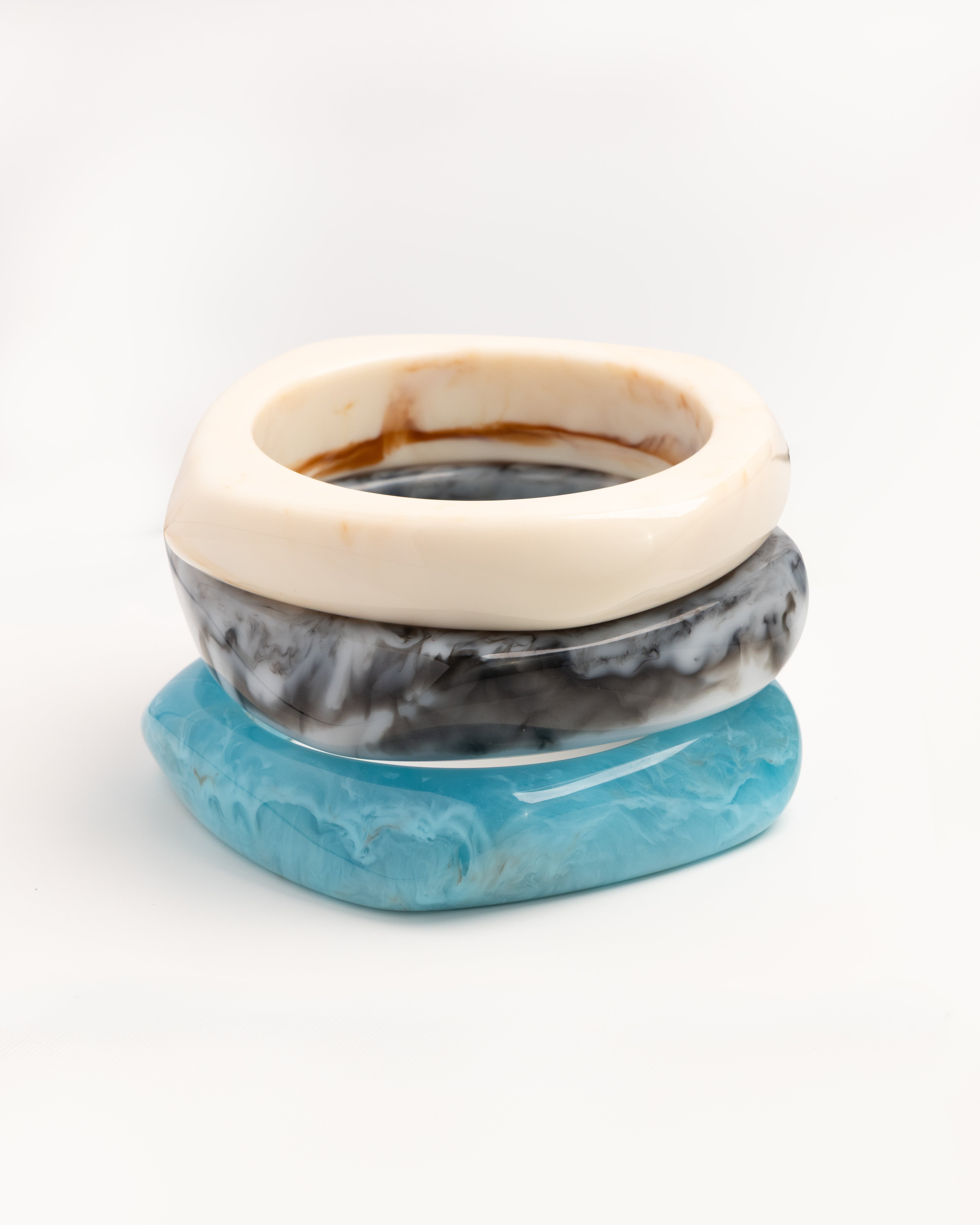 Ivory & Turquoise Marble Wave Bangle Trio - set of 3 stacking bangles, product photo