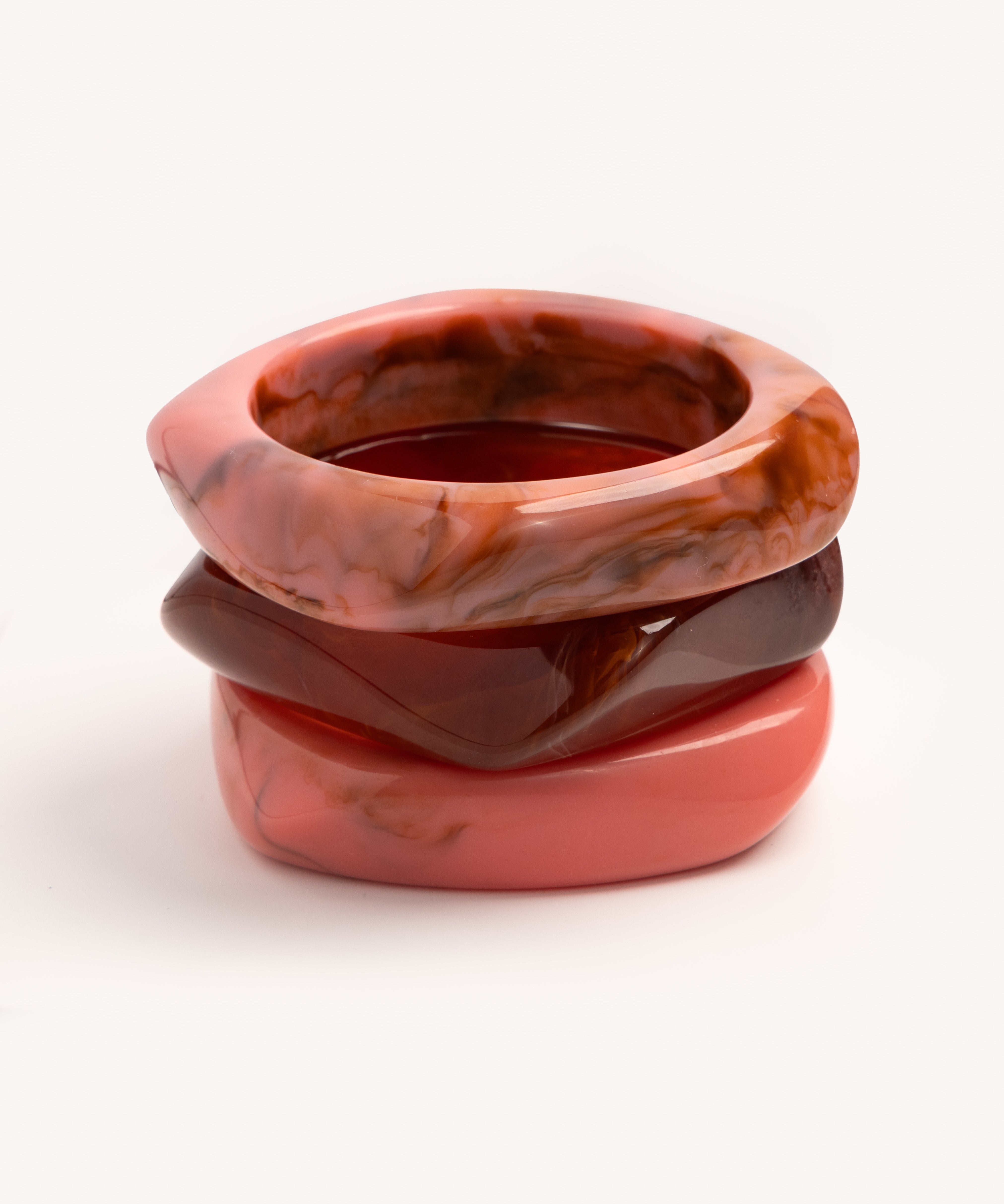 Coral & Burgundy Marble Wave Bangle Trio - set of 3 stacking bangles, product photo