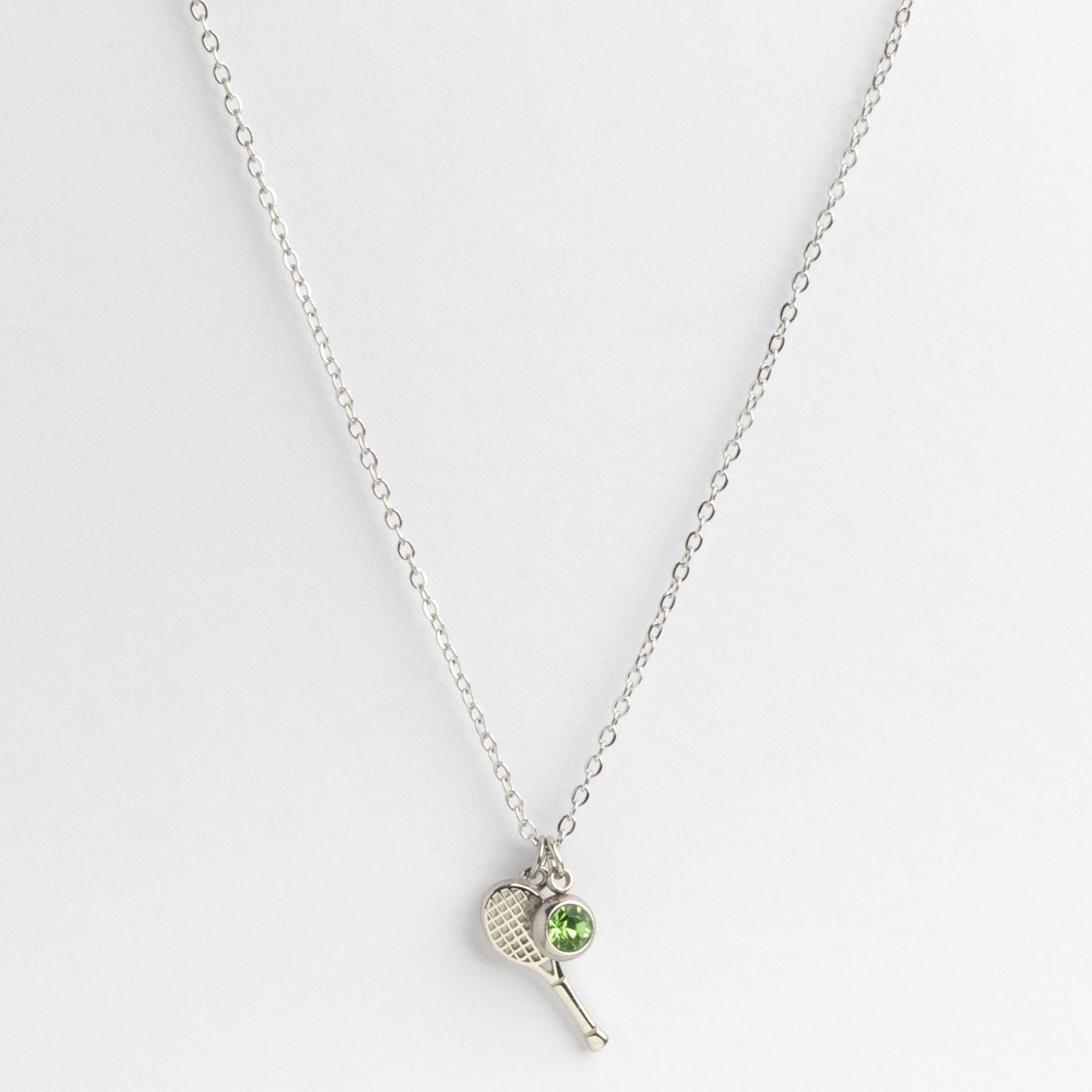 Silver Tennis Racket & Light Green Crystal Charm Necklace product photo