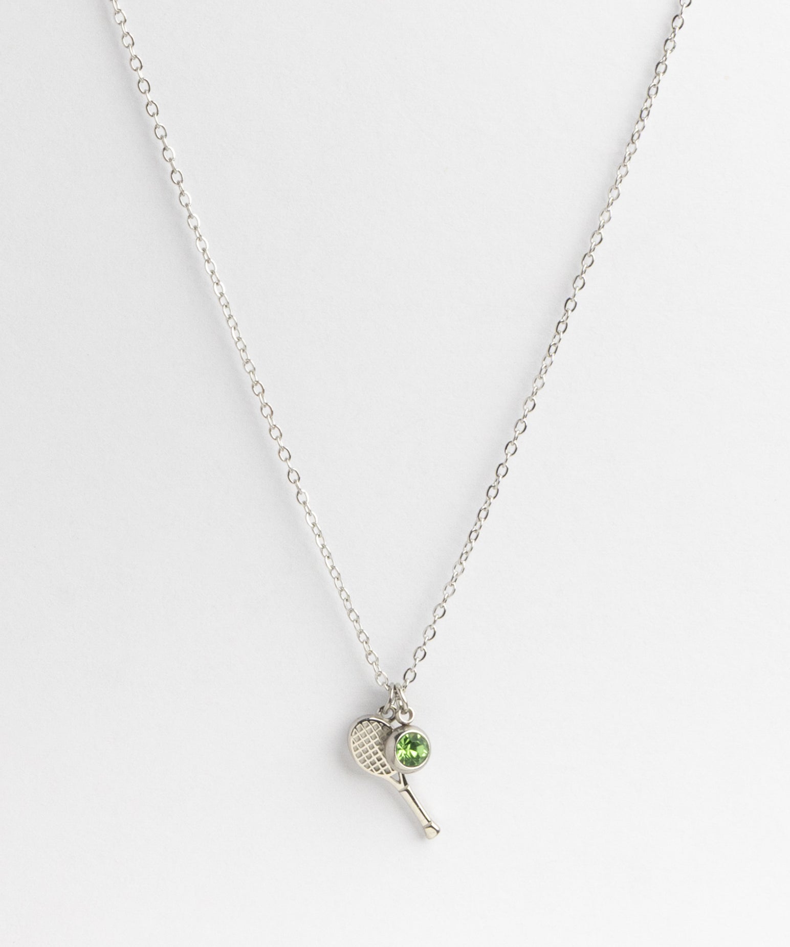 Silver Tennis Racket & Light Green Crystal Charm Necklace product photo