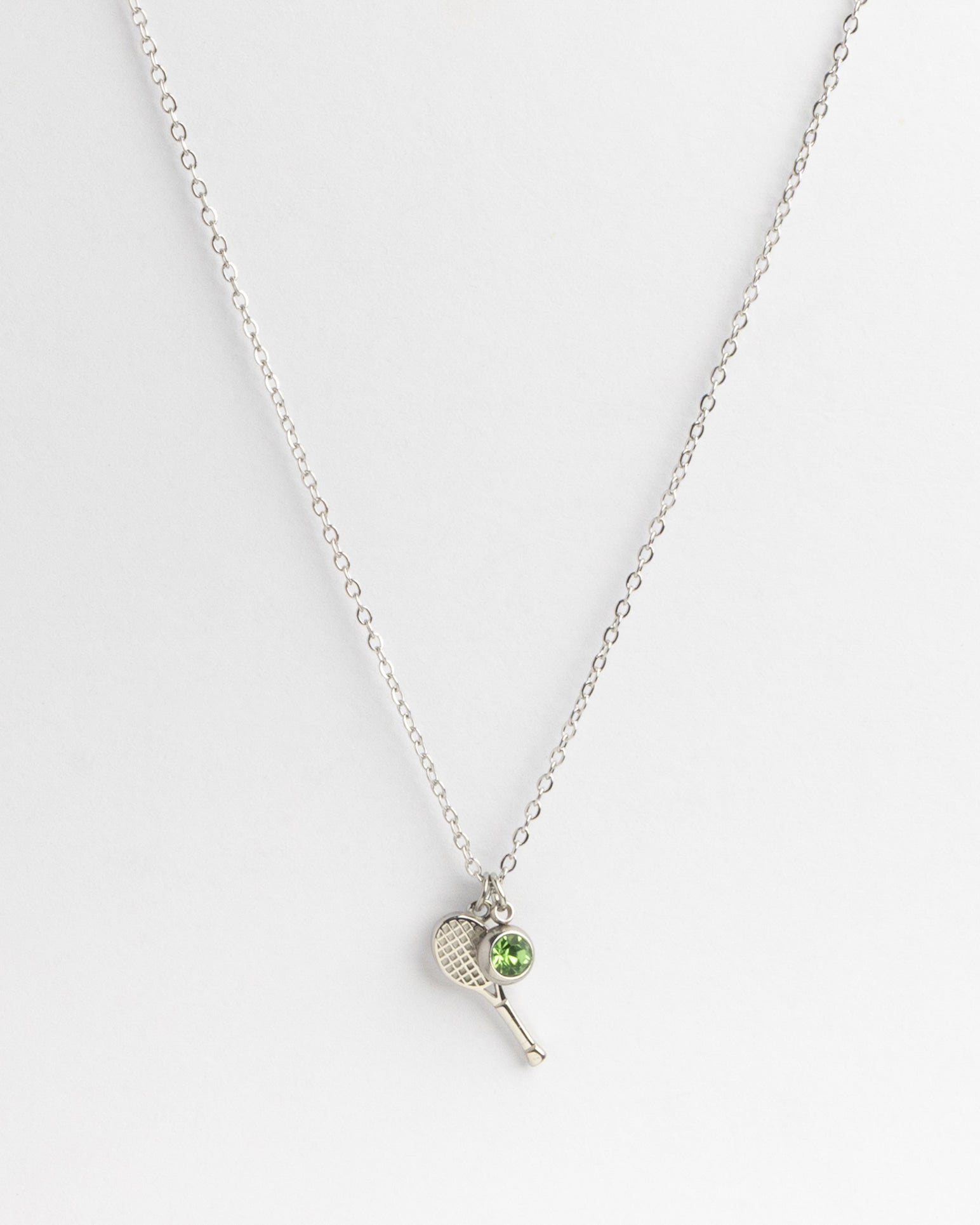 Silver Tennis Racket & Light Green Crystal Charm Necklace product photo