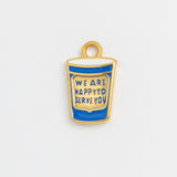 Blue and white enamel We Are Happy To Serve You cup charm