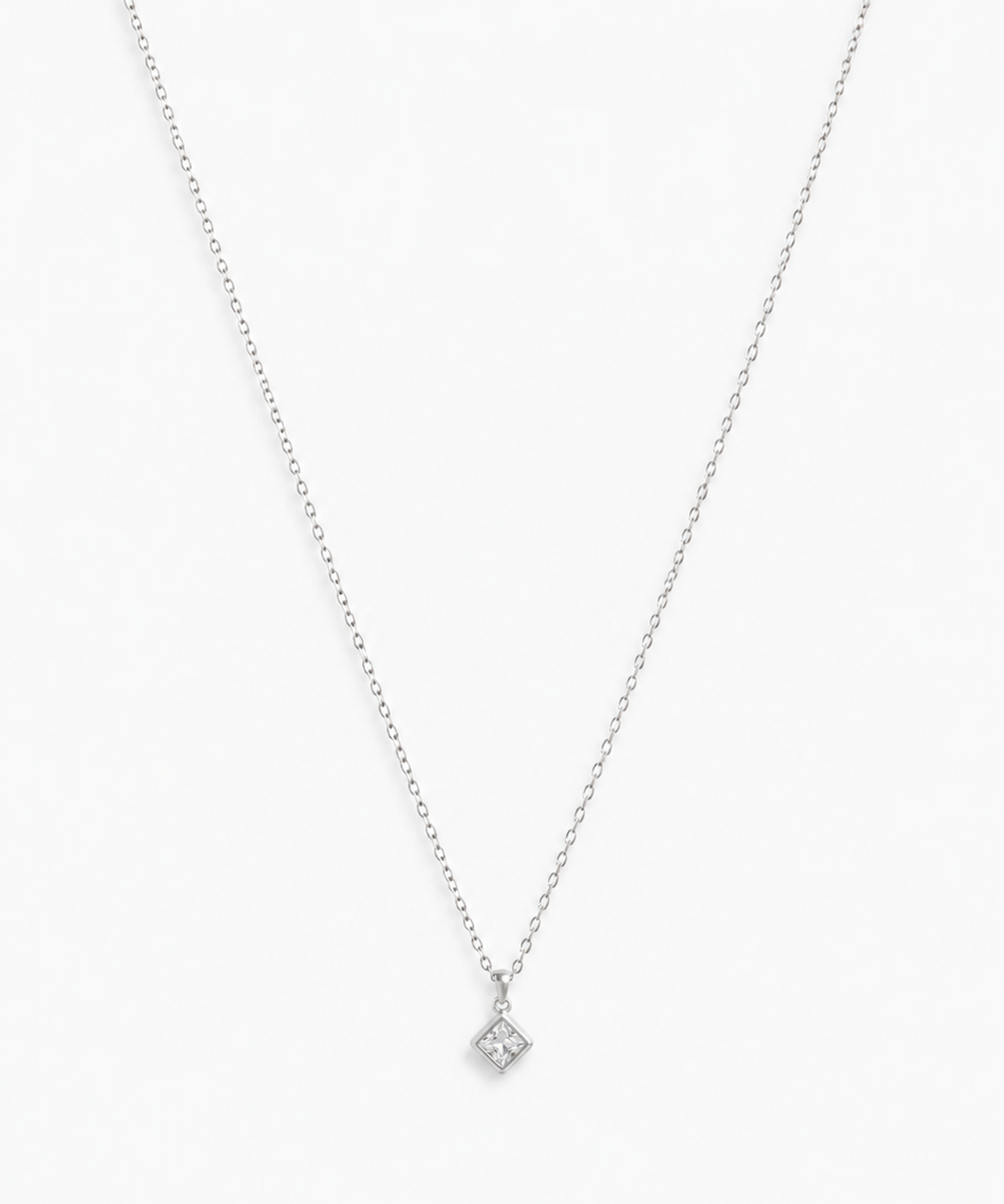 Silver diamond solitaire pendant necklace
