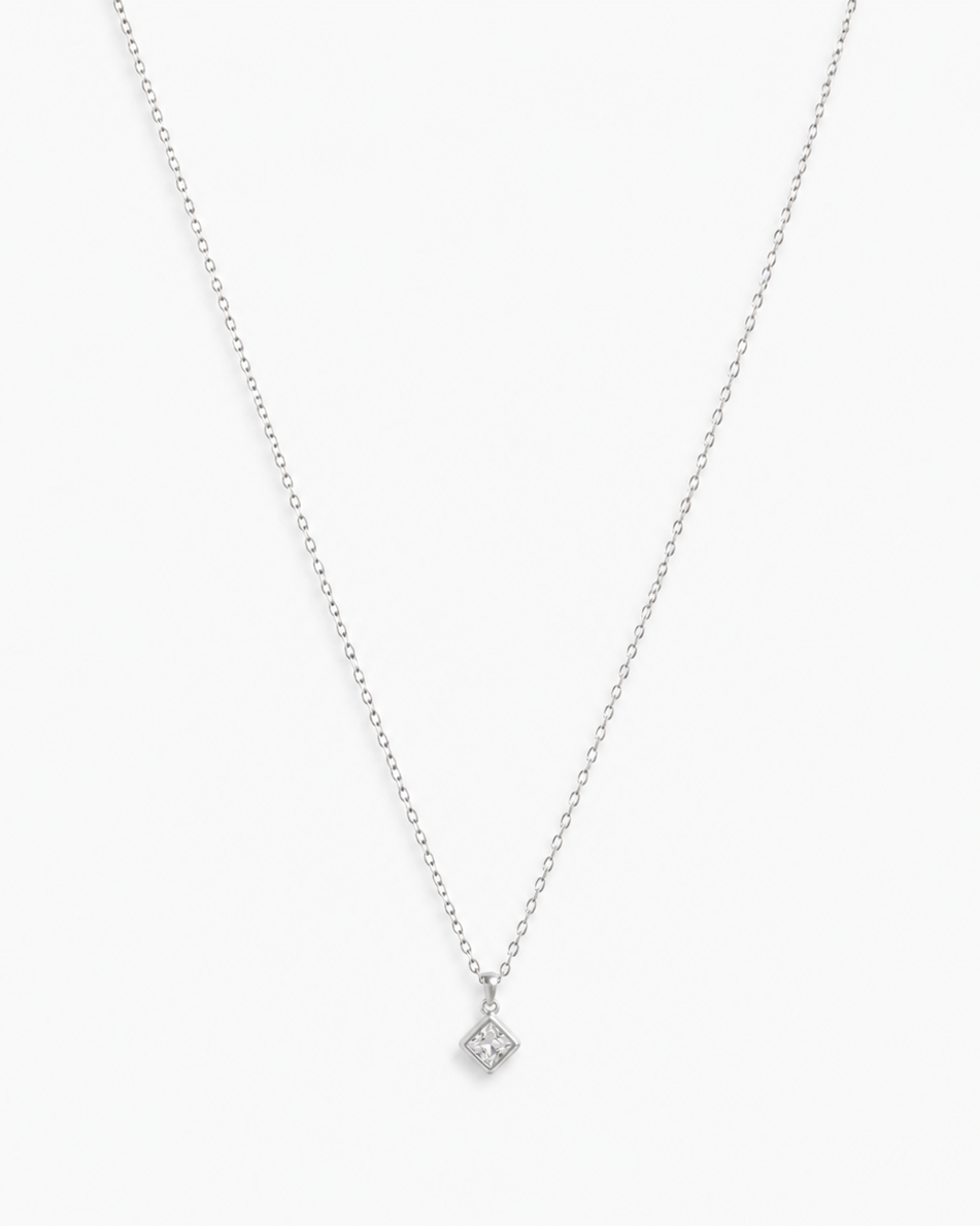 Silver diamond solitaire pendant necklace