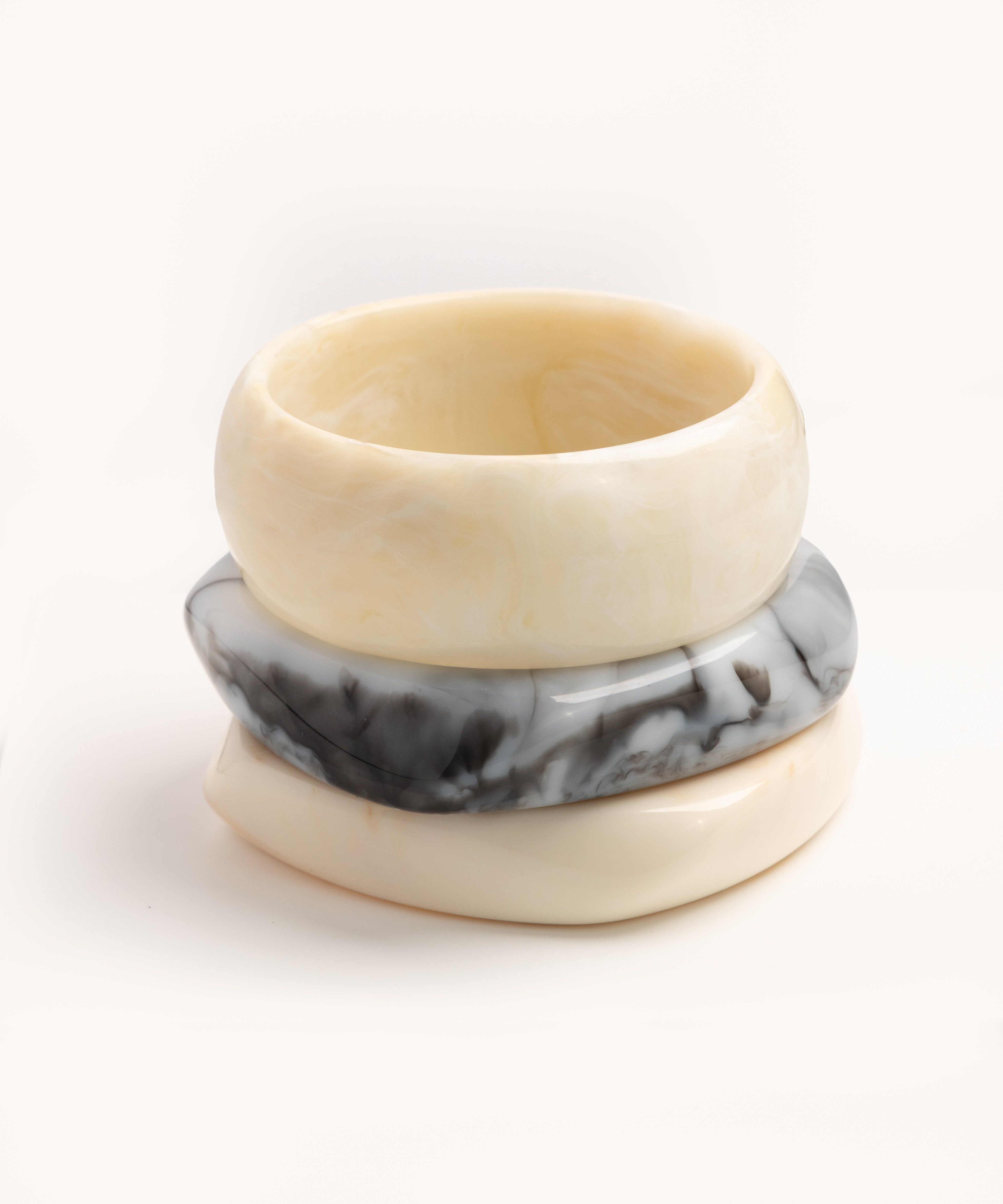 Ivory & Charcoal Marble Wave Bangle Trio - set of 3 stacking bangles, product photo