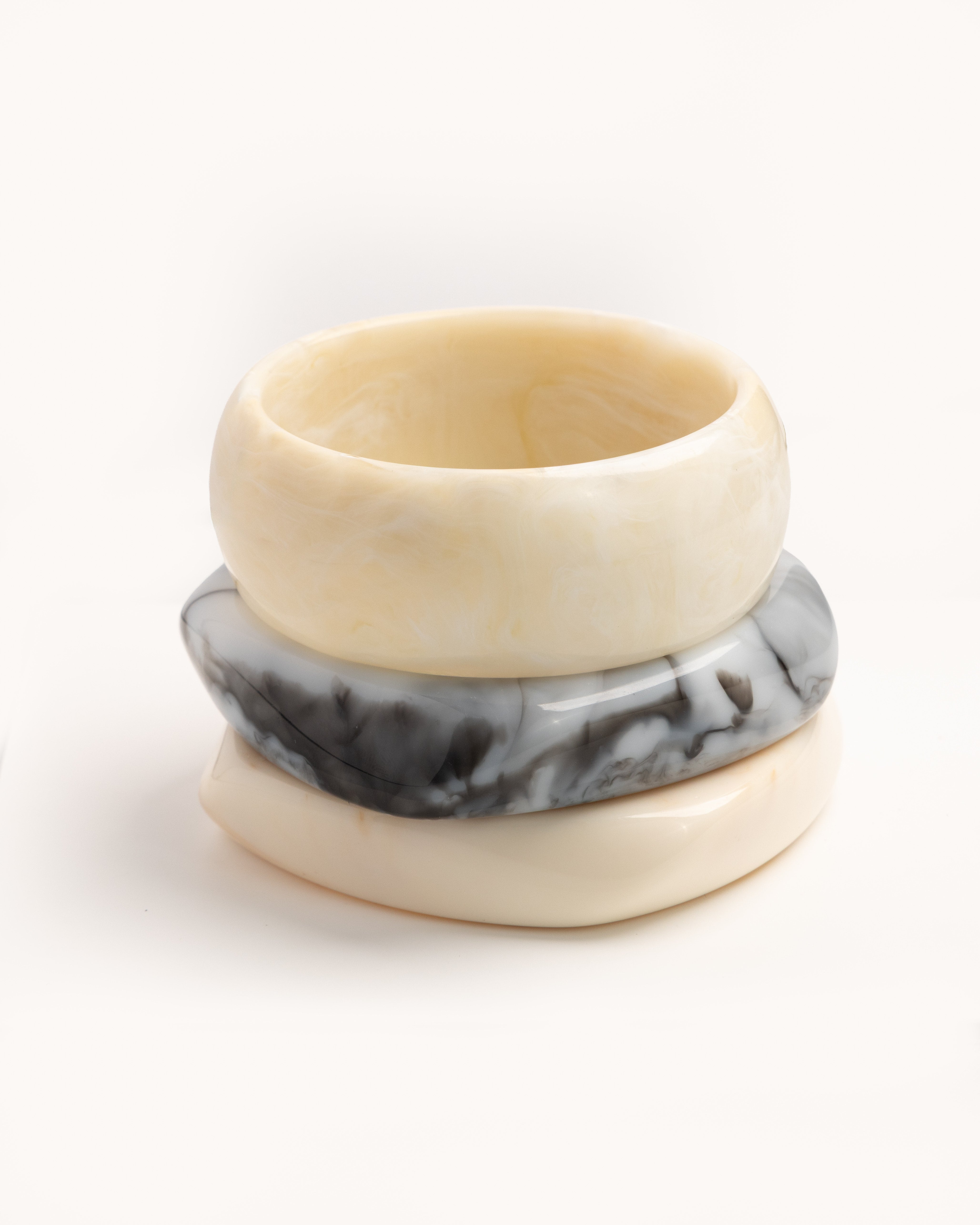 Ivory & Charcoal Marble Wave Bangle Trio - set of 3 stacking bangles, product photo