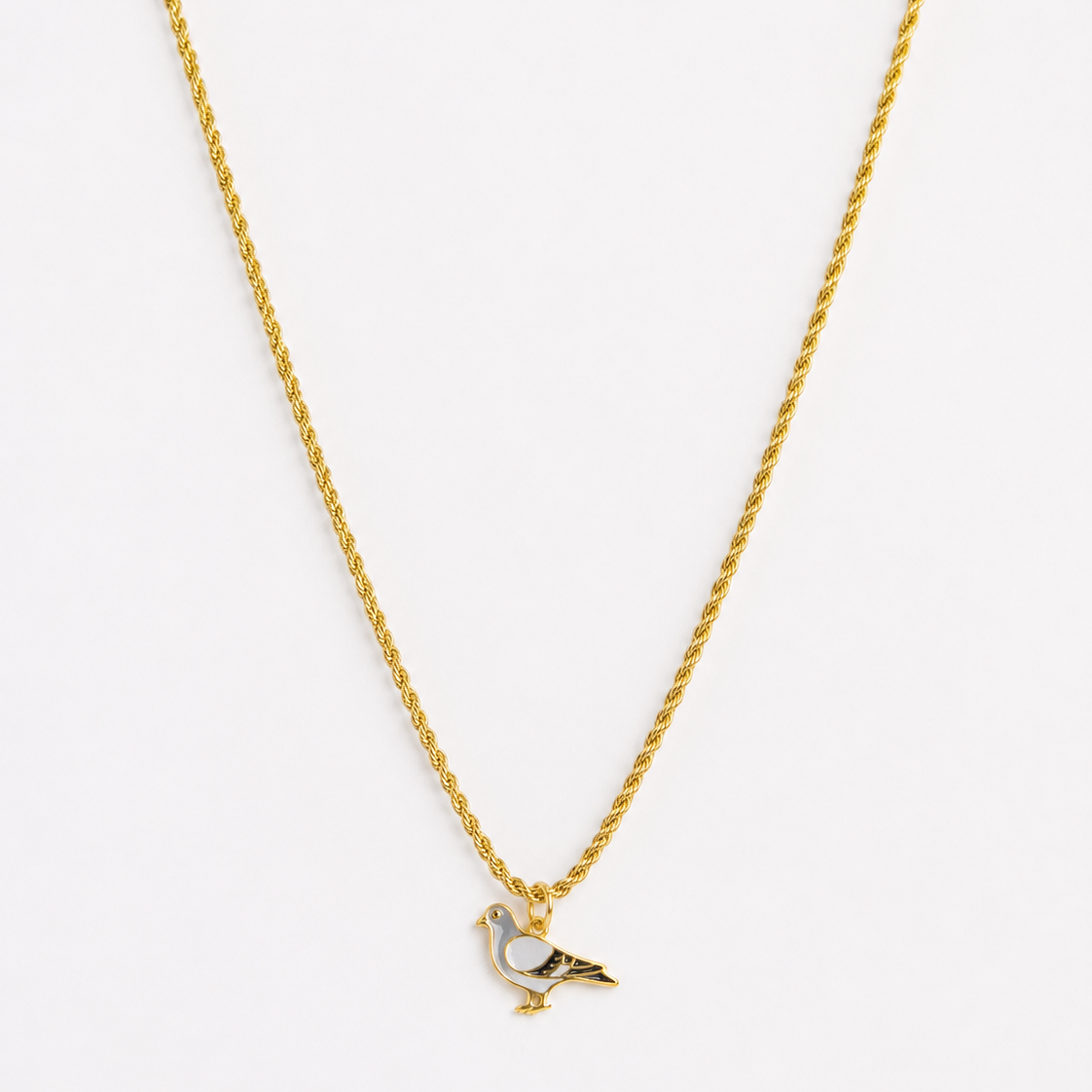 Gold rope chain necklace with enamel pigeon charm pendant
