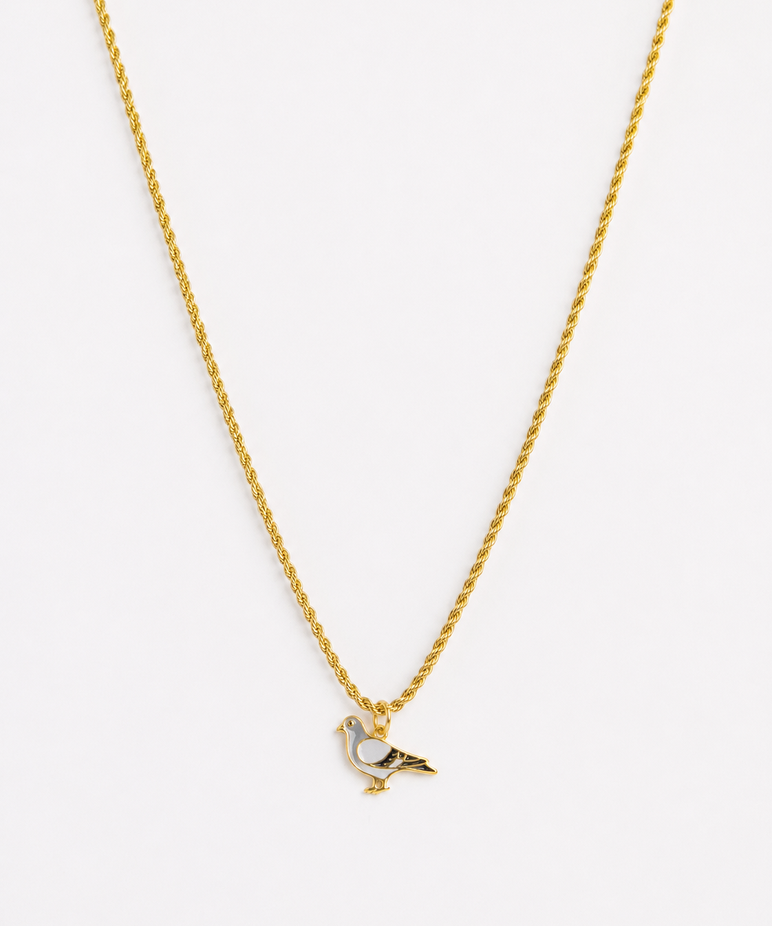 Gold rope chain necklace with enamel pigeon charm pendant