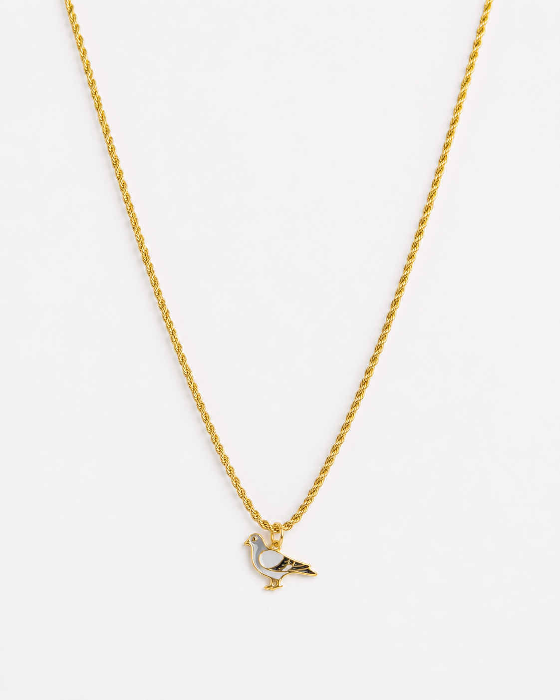 Gold rope chain necklace with enamel pigeon charm pendant