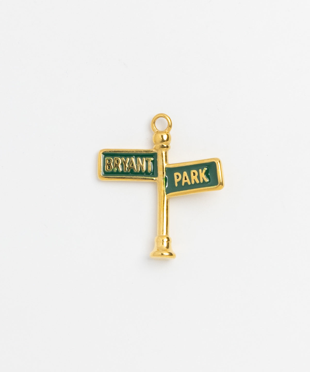 Gold and green enamel Bryant Park street sign post charm