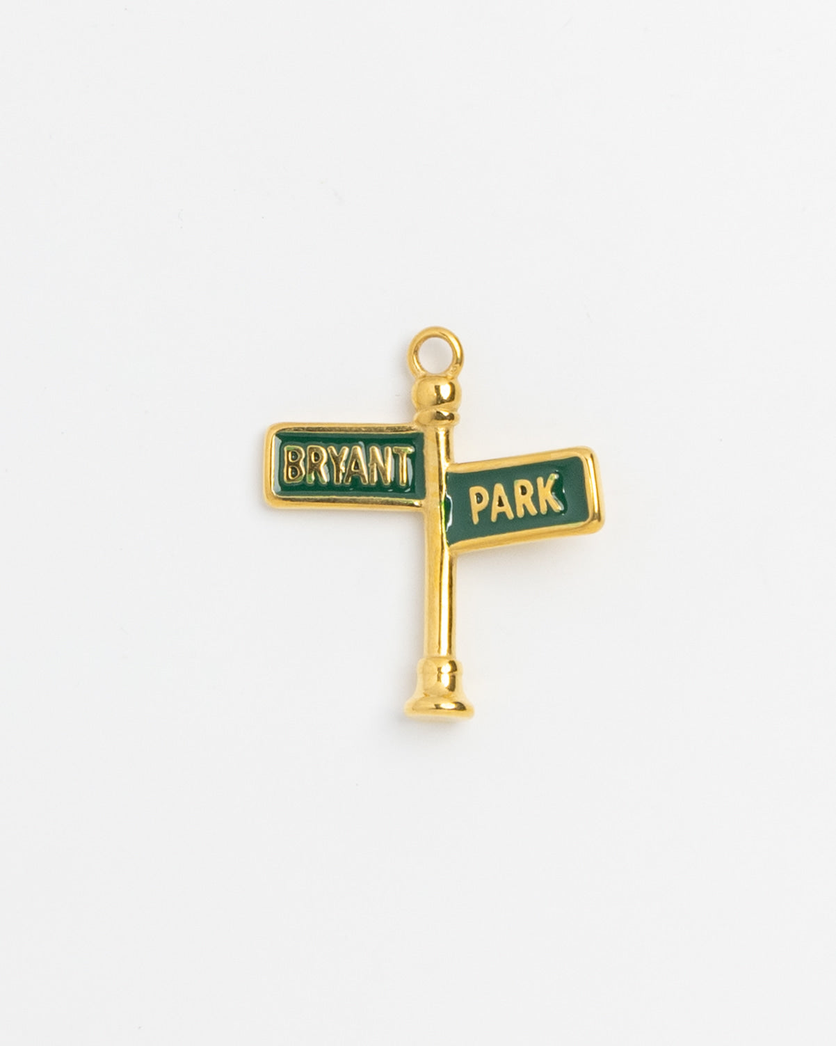 Gold and green enamel Bryant Park street sign post charm