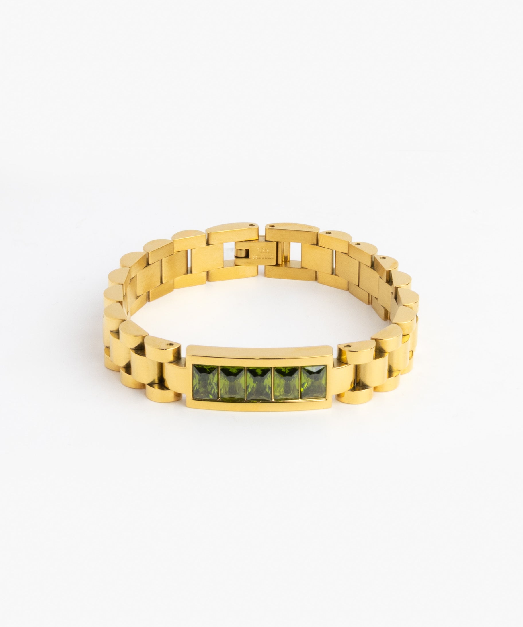 Gold watch-link bracelet with green emerald cut stones