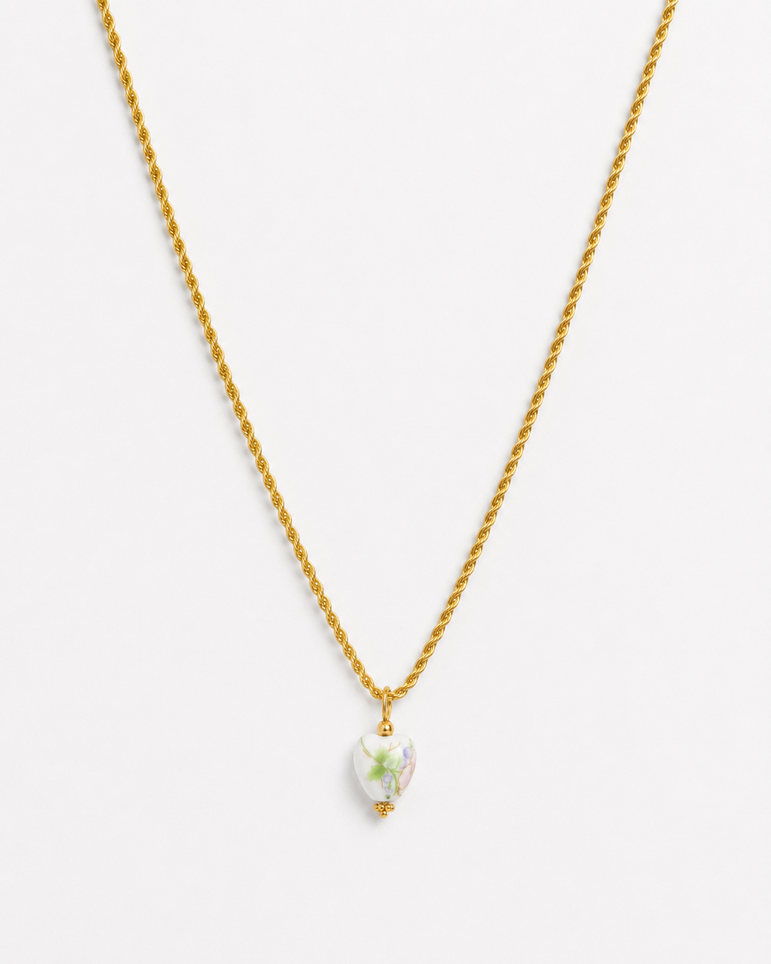 Gold rope chain necklace with heart shaped floral porcelain bead pendant